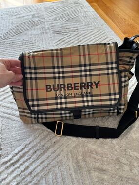 Burberry Beige Check Messenger Bag with Black Trim and Red Accent